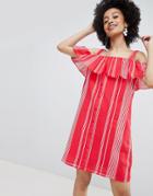 Only Stripe Cold Shoulder Button Through Dress - Red