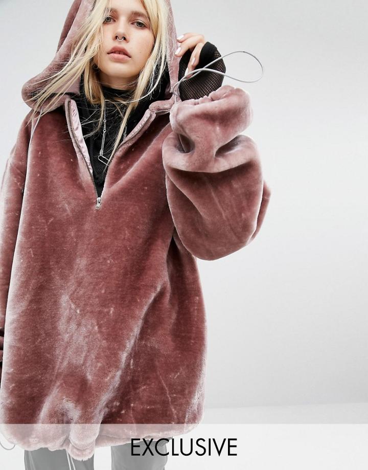 Story Of Lola Extreme Oversized Hoodie Coat In Faux Fur - Pink
