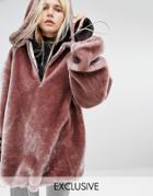 Story Of Lola Extreme Oversized Hoodie Coat In Faux Fur - Pink