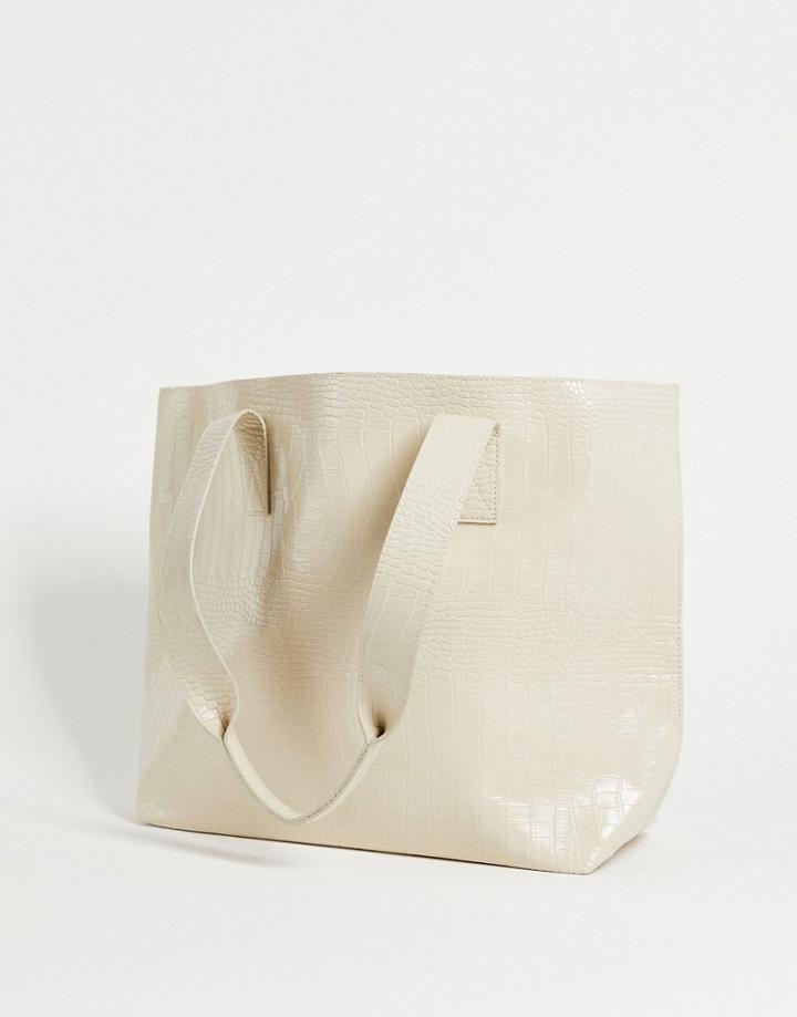 Asos Design Tote Bag In White Faux Croc