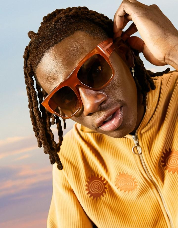 Asos Design 70s Oversized Sunglasses In Light Brown With Tobacco Lens