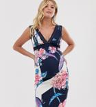 Little Mistress Maternity All Over Floral Printed Pencil Dress With Lace Trim In Multi