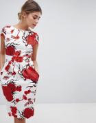 Closet London Tie Back Short Sleeve Dress In Large Floral Print - Multi