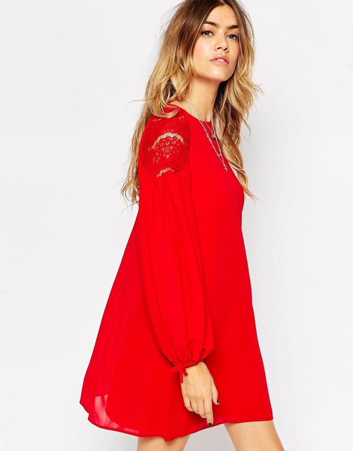 Asos Lace Insert Swing Dress With Gathered Sleeves - Cream $29.50