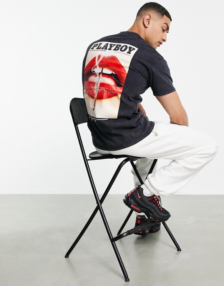 Mennace X Playboy T-shirt In Washed Black With Photographic Back Print