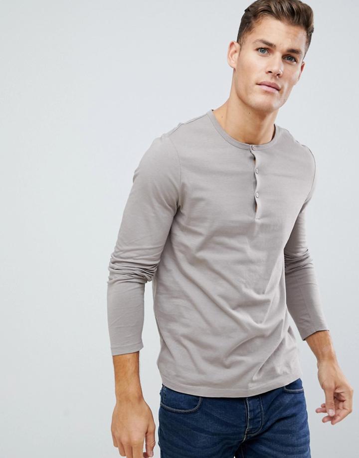Asos Design Long Sleeve T-shirt With Grandad Neck In Beige - Beige