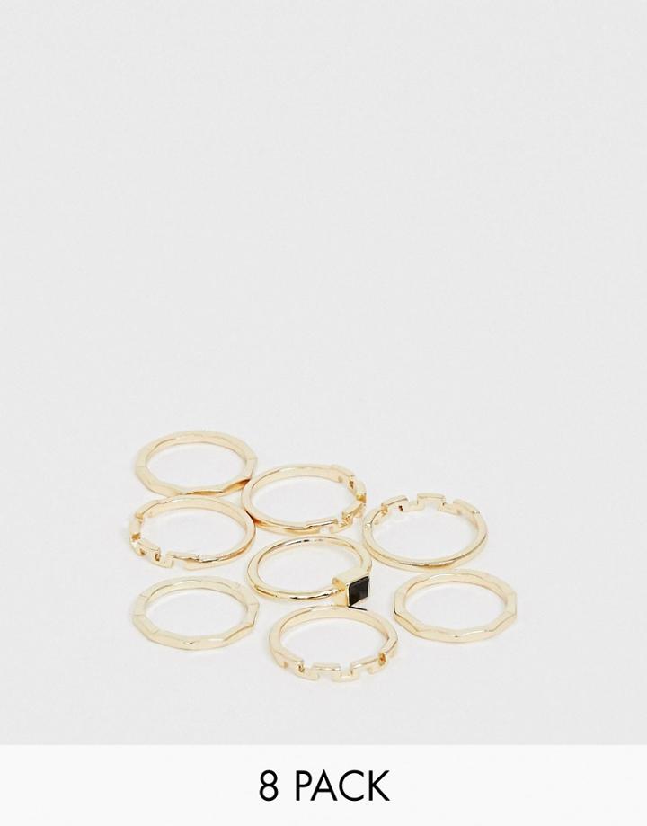 Asos Design Pack Of 8 Rings In Hammered And Zig Zag Design With Black Stone In Gold Tone - Gold