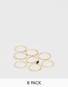 Asos Design Pack Of 8 Rings In Hammered And Zig Zag Design With Black Stone In Gold Tone - Gold