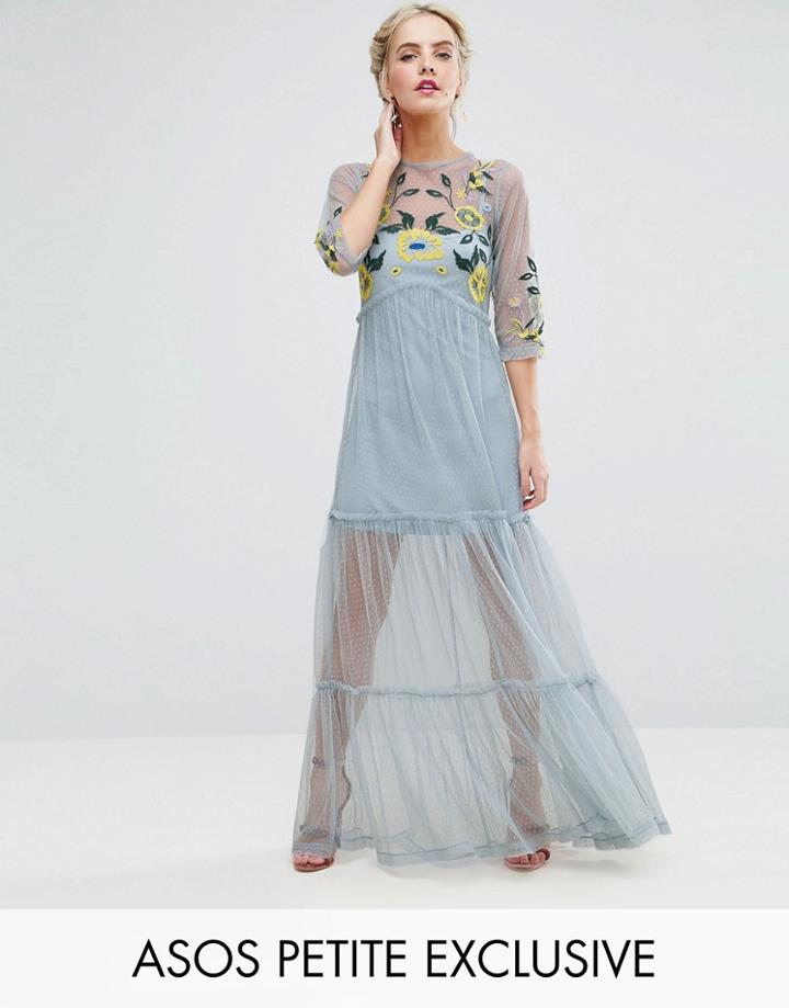 Asos Petite Embroidered Dobby Mesh Maxi Dress - Blue