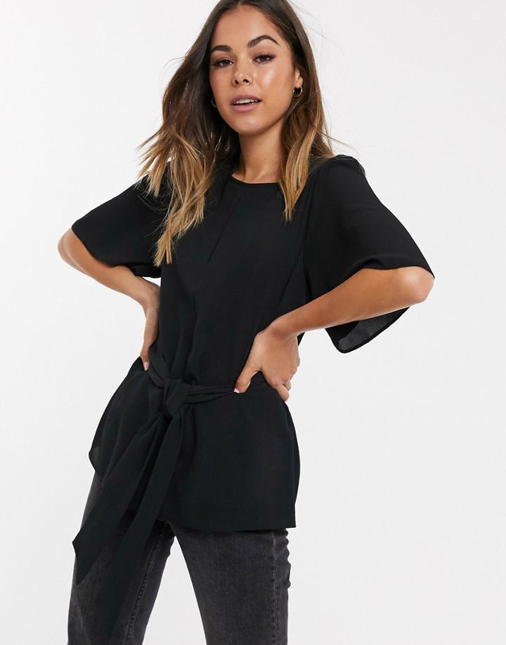 New Look Tie Waist Belted Top In Black