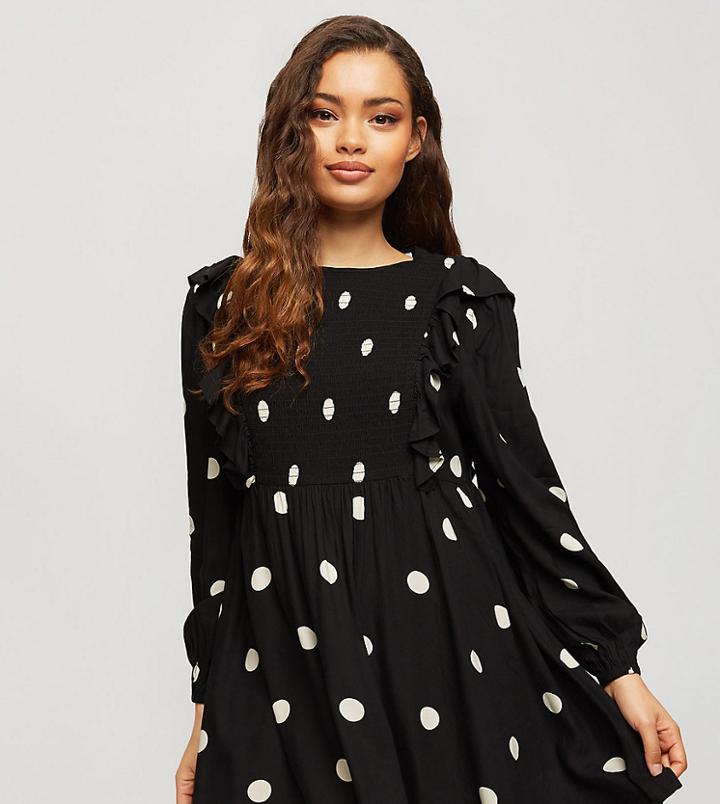 Miss Selfridge Petite Ruffle Smock Dress In Black Polka Dot