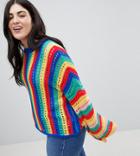 Asos Design Curve Crochet Sweater With Flared Sleeve In Bright Stripe - Multi