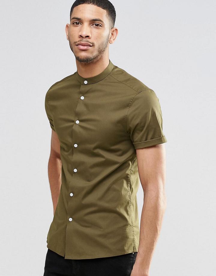 Asos Skinny Shirt In Brown With Grandad Collar And Short Sleeves - Khaki