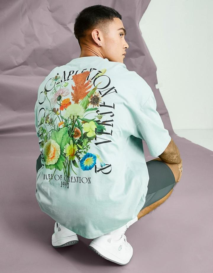 Asos Design Oversized T-shirt In Green With Floral Back Print