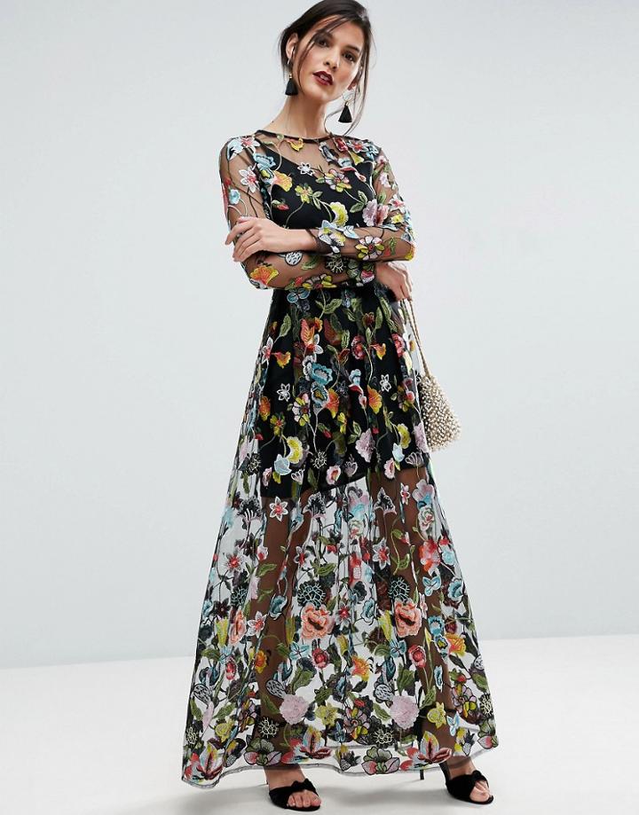 Asos Salon Embroidered Sheer Maxi Dress - Multi