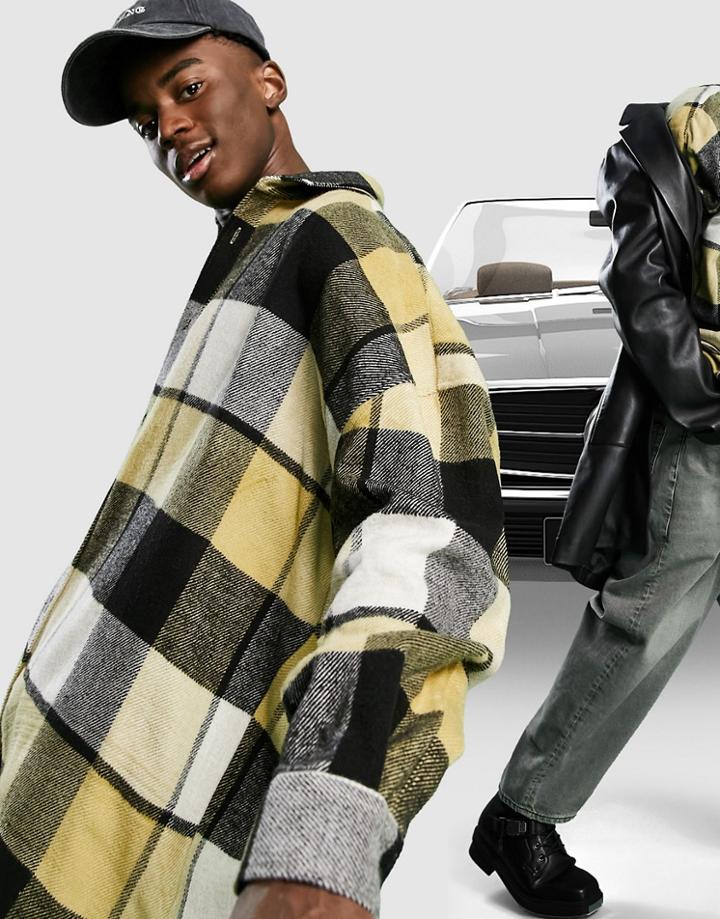 Asos Design Extreme Oversized Wool Mix Check Shirt In White And Beige Large Scale-neutral