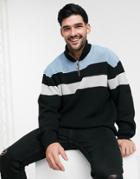 Asos Design Knitted Ribbed Half Zip Sweater With Color Block Chest Stripes-black