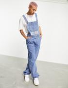 Asos Actual Baggy Denim Overalls In Mid Wash Blue-blues