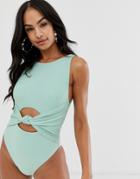 Asos Design Knot Front Slinky Glam Swimsuit In Mint Green - Green