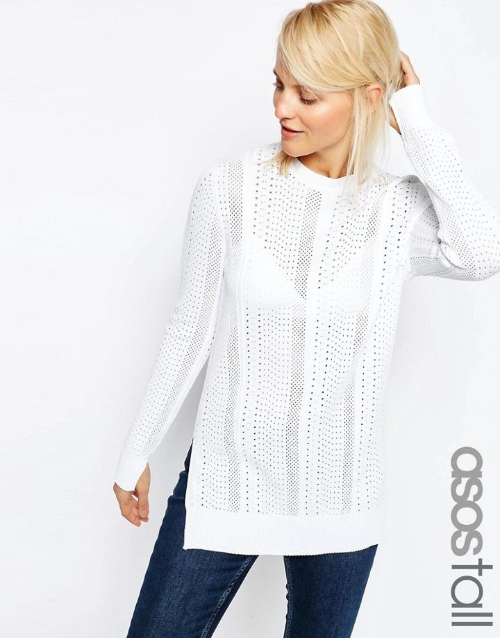 Asos Tall Jumper With Mesh Detail In Structured Yarn With Side Splits - White