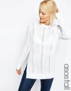 Asos Tall Jumper With Mesh Detail In Structured Yarn With Side Splits - White