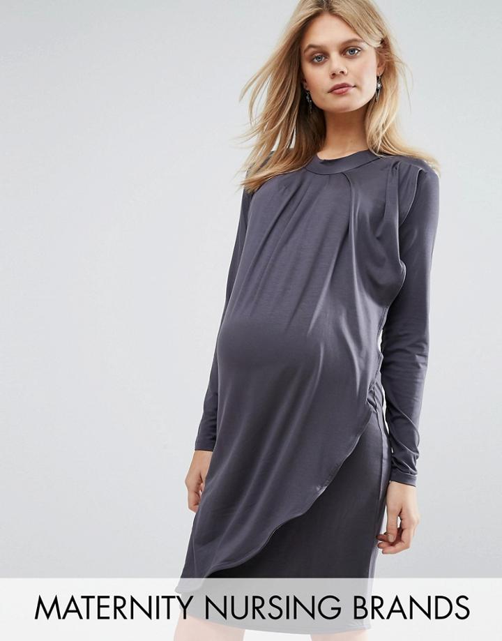 Mama. Licious Nursing Long Sleeve High Neck Jersey Dress - Gray
