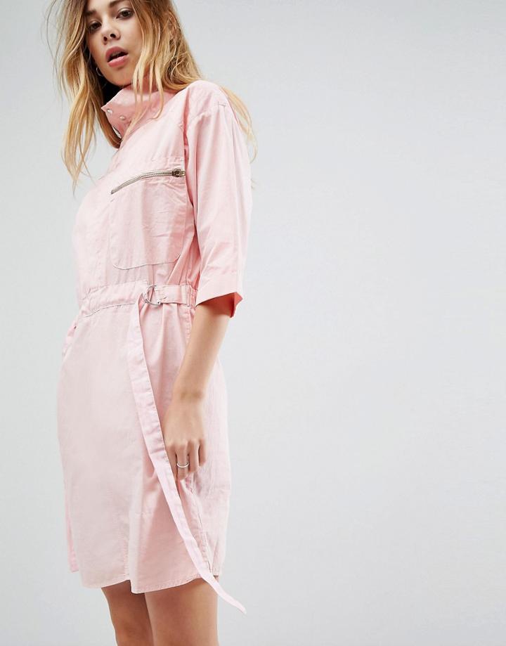 Asos Utility Mini Dress With Zip Detail And Pockets - Pink