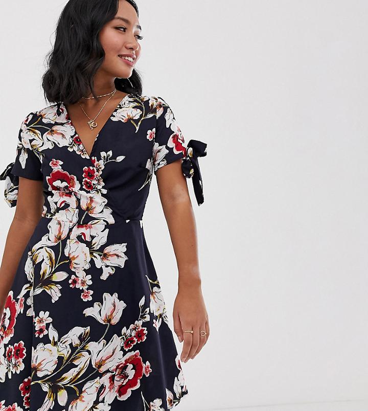 Parisian Petite Wrap Front Dress With Tie Sleeve Detail In Floral Print-navy
