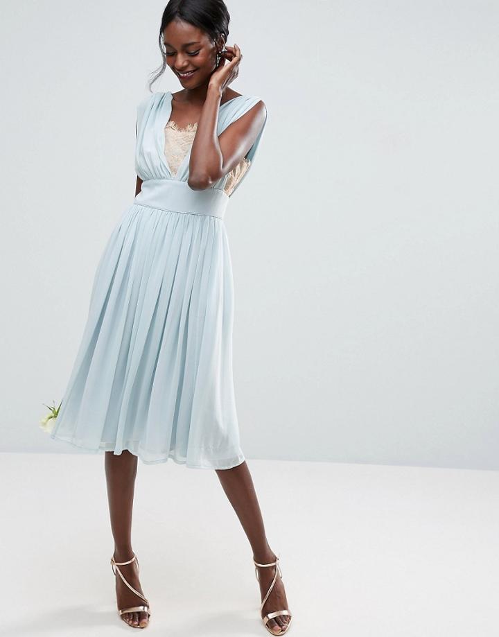 Asos Wedding Contrast Lace Insert Midi Dress - Blue