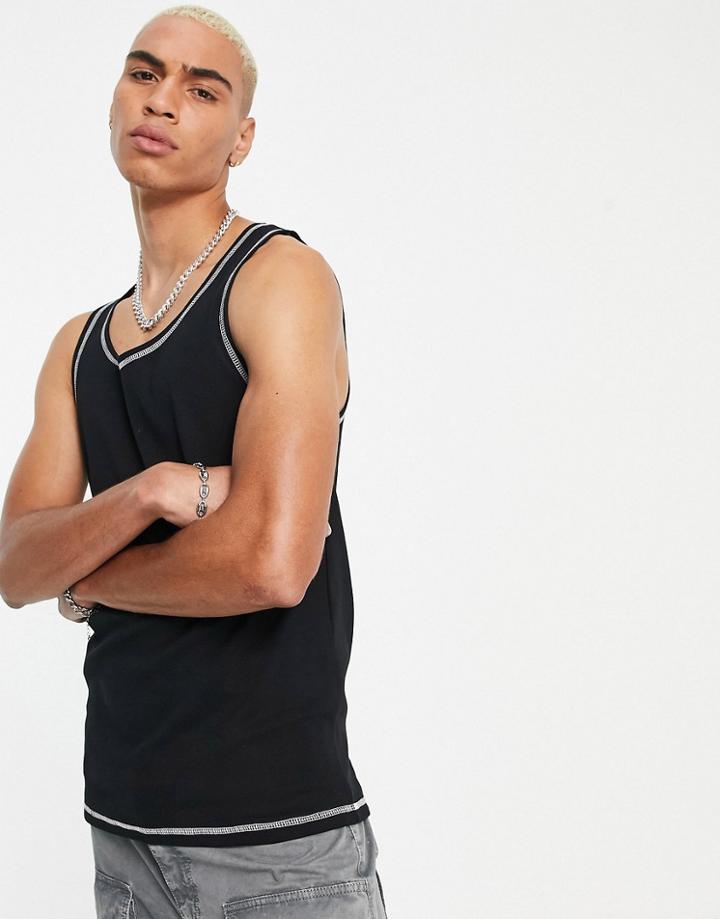 Asos Design Muscle Ribbed Tank Top In Black With Contrast Stitch