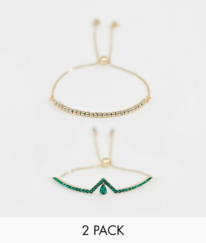 Asos Design Pack Of 2 Toggle Bracelets With Crystal Detail In Gold - Gold