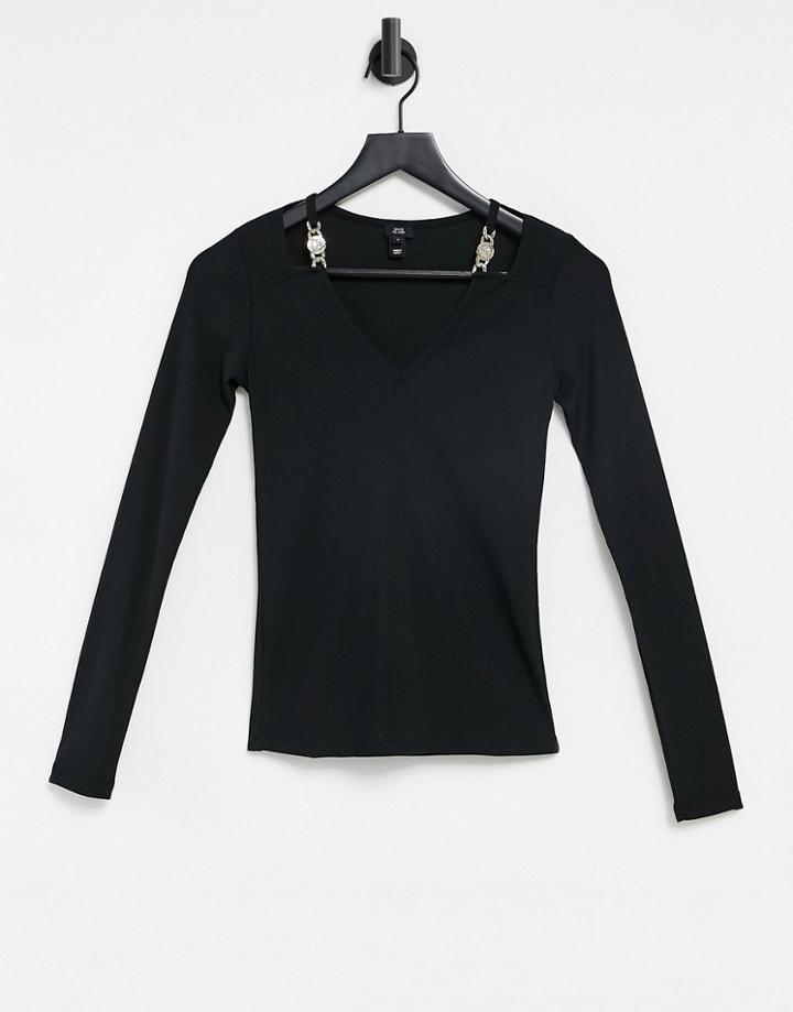 River Island Cut Out Hardware V Neck Top In Black