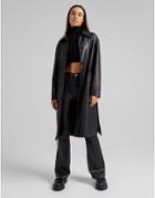 Bershka Faux Leather Belted Trench Coat In Black