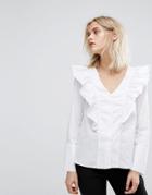 Mango Ruffle V Front Blouse - White