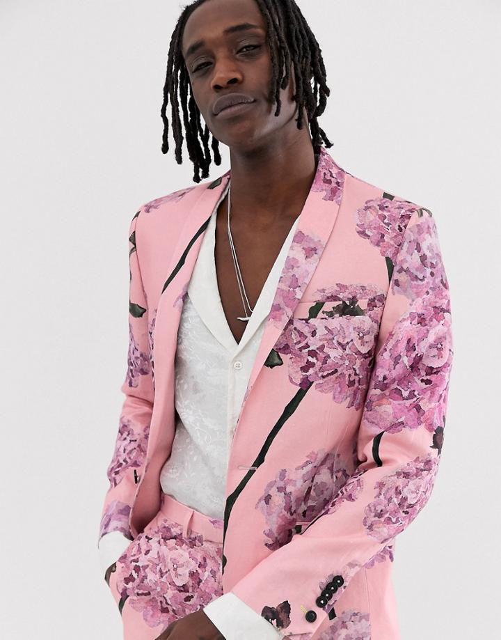 Twisted Tailor Super Skinny Linen Suit Jacket With Floral Print - Pink