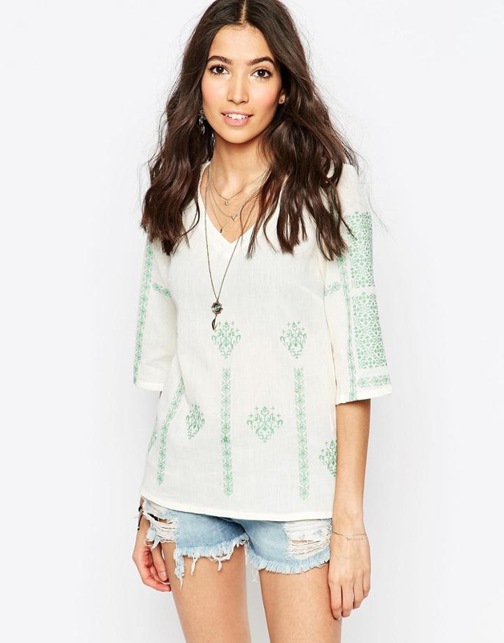 See U Soon Cheesecloth Top With Cross Stitch Emboidery - Green