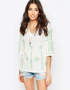 See U Soon Cheesecloth Top With Cross Stitch Emboidery - Green