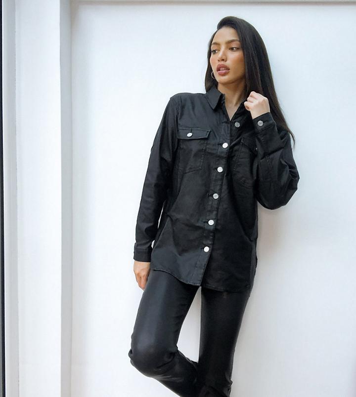 Missguided Tall Coated Oversized Shirt In Black