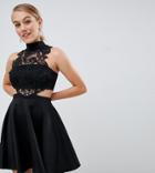 Asos Design Petite High Neck Lace Skater Mini Dress-black