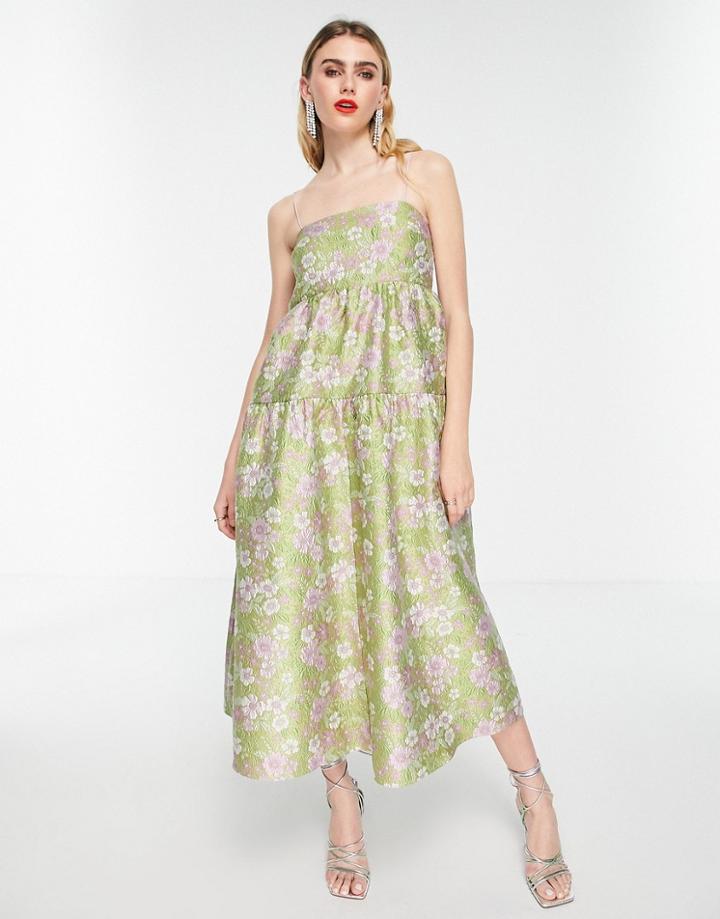 Asos Edition Tiered Cami Midi Dress In Garden Floral Jacquard-green