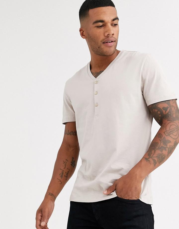 Asos Design T-shirt With V Grandad Neck In Beige