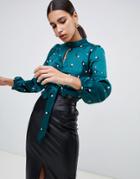 River Island Key Hole Blouse With Tie Waist In Green