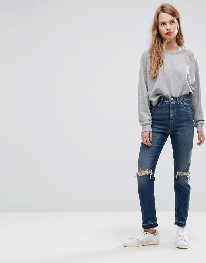 Asos Farleigh High Waist Slim Mom Jeans In Sonnet Aged Vintage Dark Wash With Busts And Cinch Back - Blue