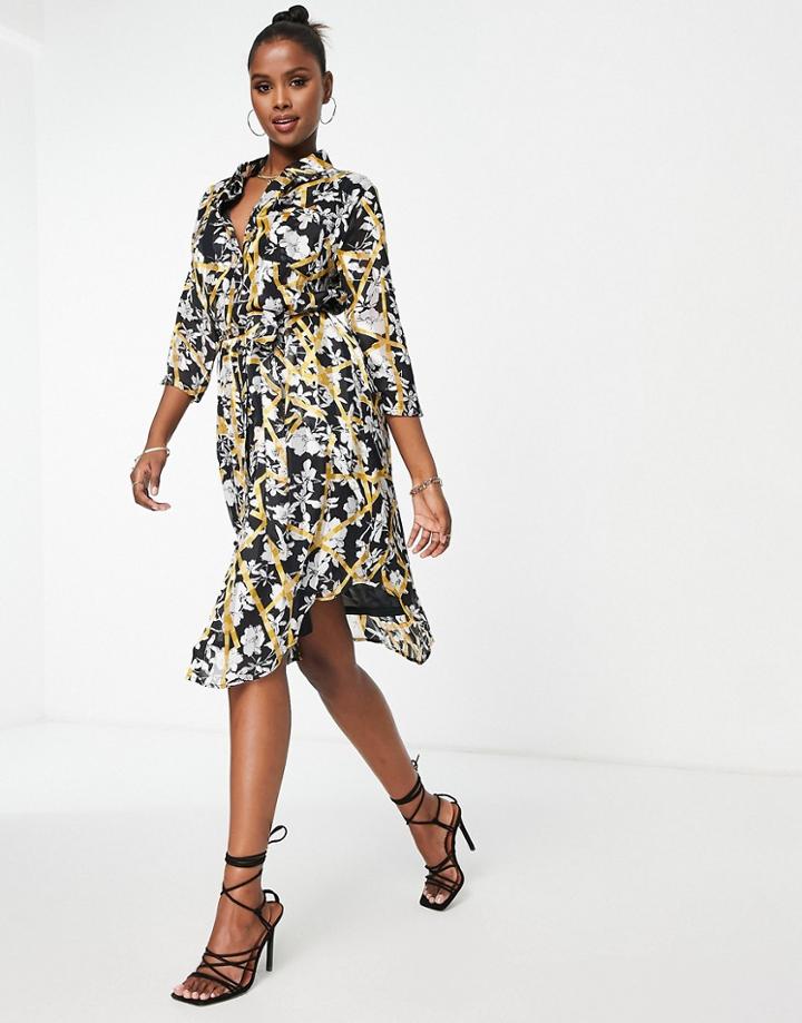 Liquorish Floral Print Midi Shirt Dress-multi