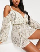 Asos Design Fuller Bust Cold Shoulder Braid Detail Beach Romper In Metallic Spot-white