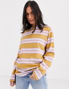 Monki Striped Long Sleeve Rugby Top In Beige And Purple