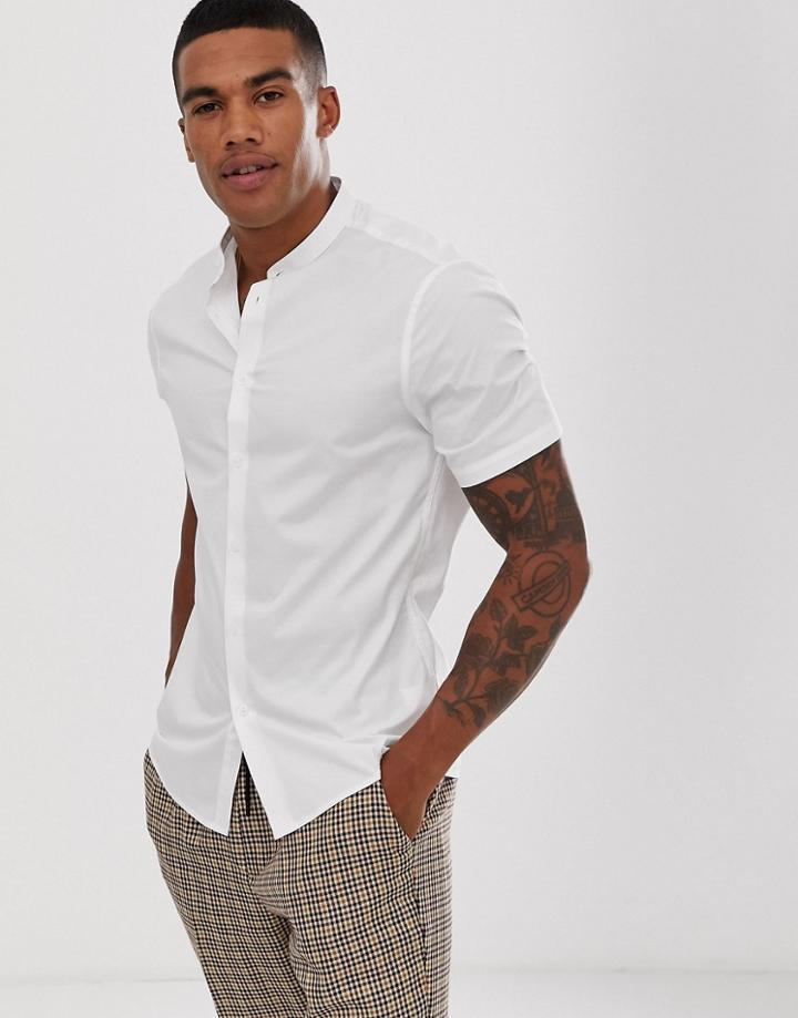 Asos Design Skinny Shirt In White With Grandad Collar