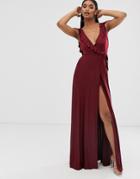 Asos Design Ruffle Wrap Maxi Dress With Tie Detail - Red