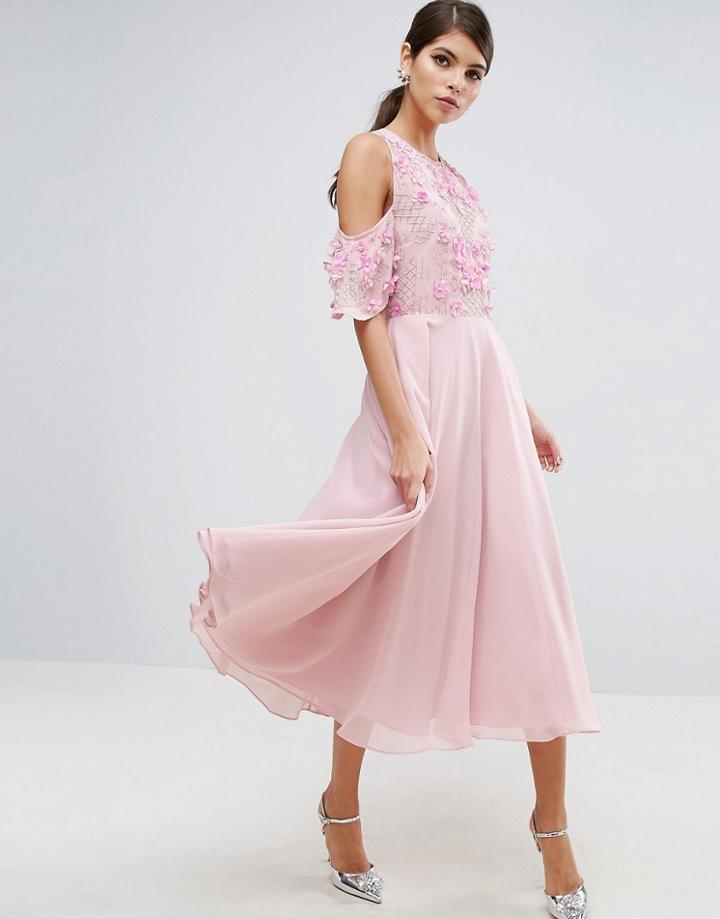 Asos Cold Shoulder Floral Bodice Midi Skater Dress - Multi