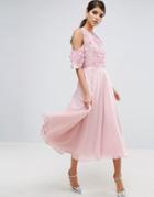 Asos Cold Shoulder Floral Bodice Midi Skater Dress - Multi
